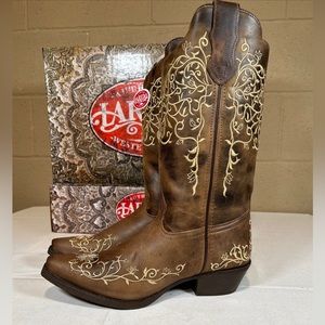 Laredo Western Boots Taupe/Off White Flower Embroidery Snip Toe Block Heel